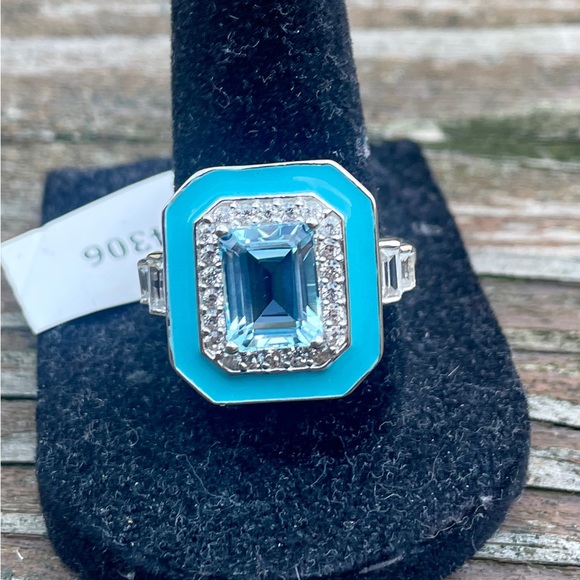 😍 Platinum Plated 925 Silver 3.74ctw Sky Blue Topaz & White Zircon Ring. Size 9 - Picture 2 of 5